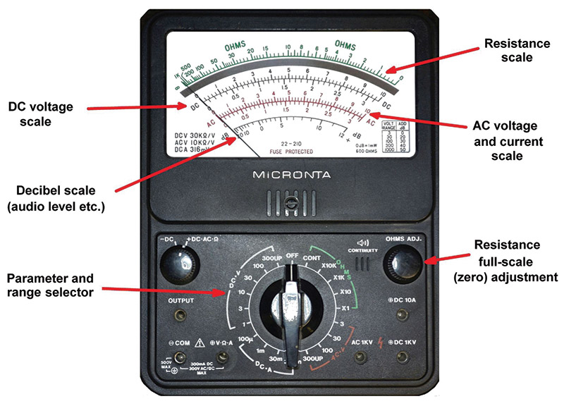Detailed view of the display panel of an analog voltmeter for use